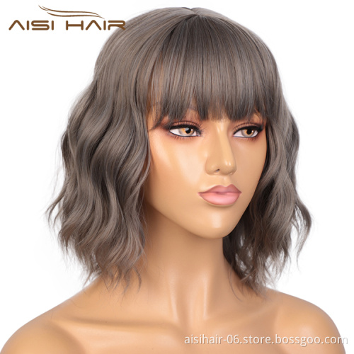 Aisi Hair Short Wavy Short Bob Gray Wig With Neat Bangs Body Wave Wig Heat Resistant Synthetic Fiber Wigs For Black White Women